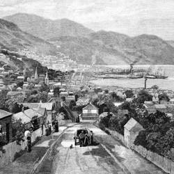 Looking down Nairn Steet with the spires of St Peter's and St John's Churches in Willis Street, the Terrace clearly visible, 1905.
