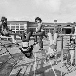 Children in the playground of Mount Cook School, Te Aro, Wellington, New Zealand, 1975.